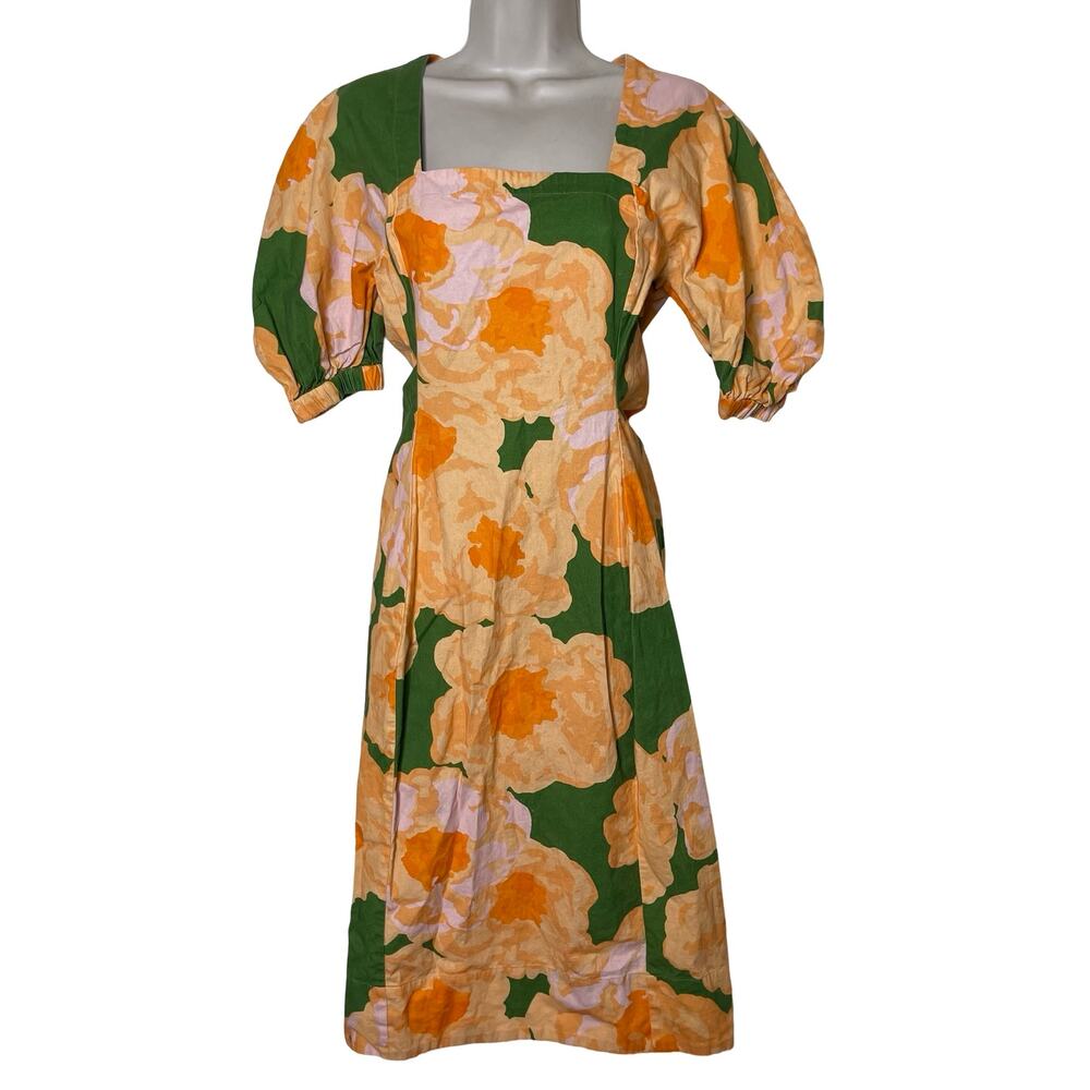 Eudon Choi linen blend Orange Green Floral Puff Sleeve Midi Dress sz 2 - Picture 3 of 8